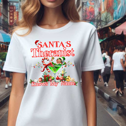 Santas Therapist Knows My Name Elf Martini T-Shirt