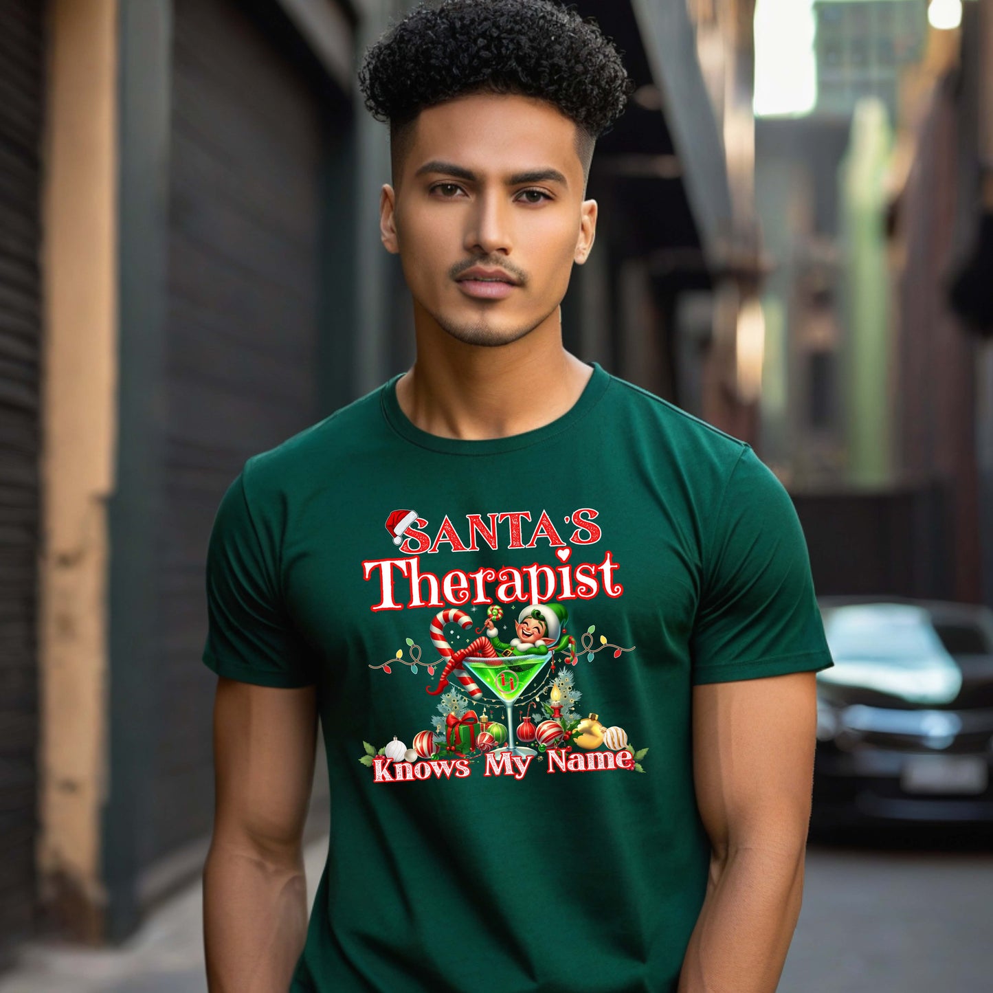 Santas Therapist Knows My Name Elf Martini T-Shirt