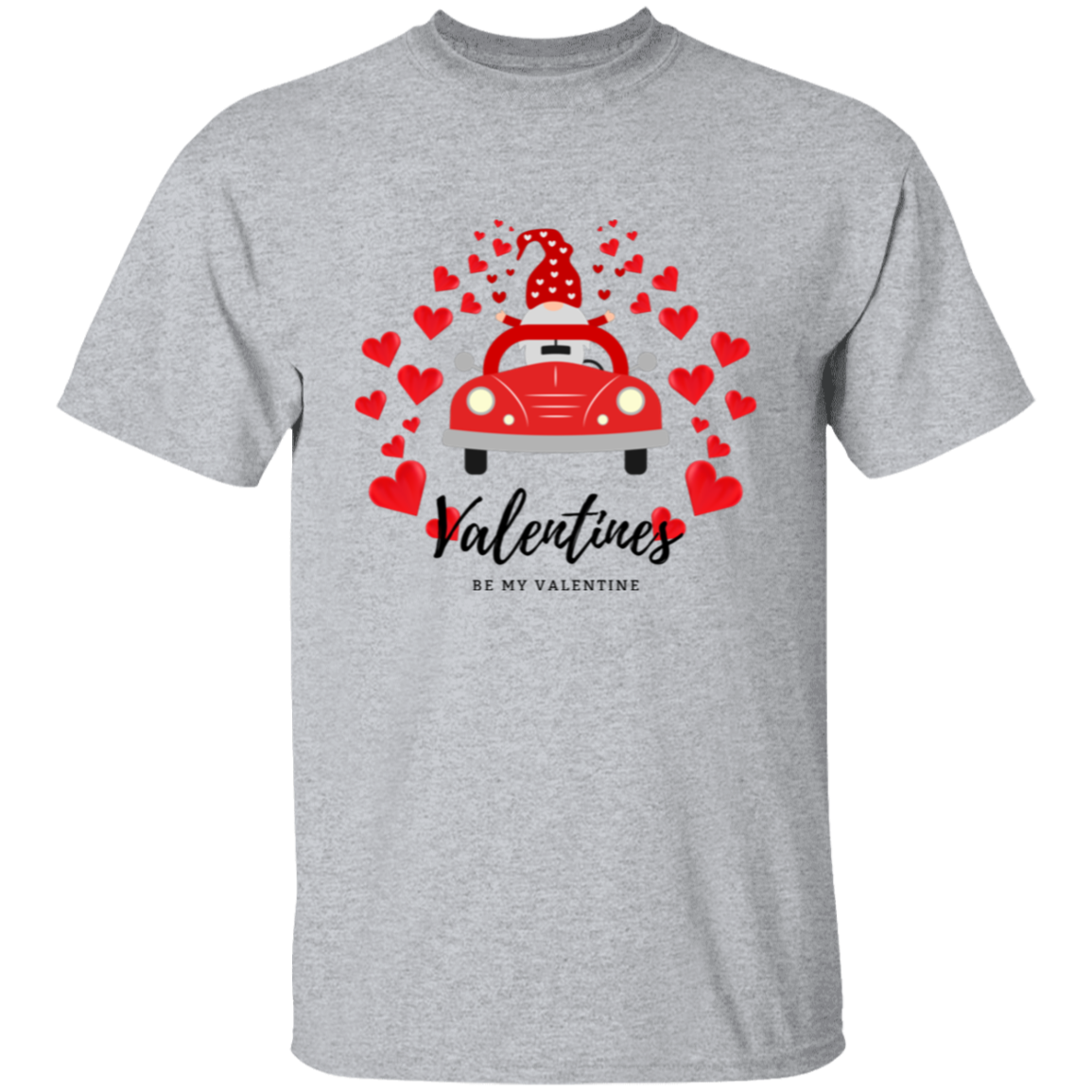 Camiseta con el gnomo Sé mi Valentín conduciendo un coche con corazones
