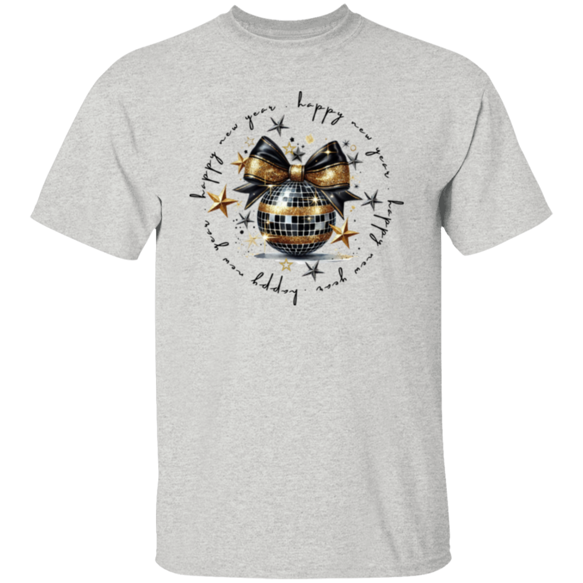 Camiseta con bola de purpurina y mensaje de feliz año nuevo