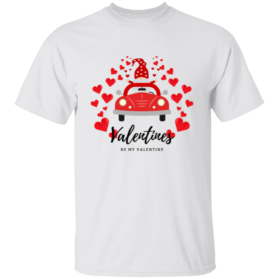 Camiseta con el gnomo Sé mi Valentín conduciendo un coche con corazones