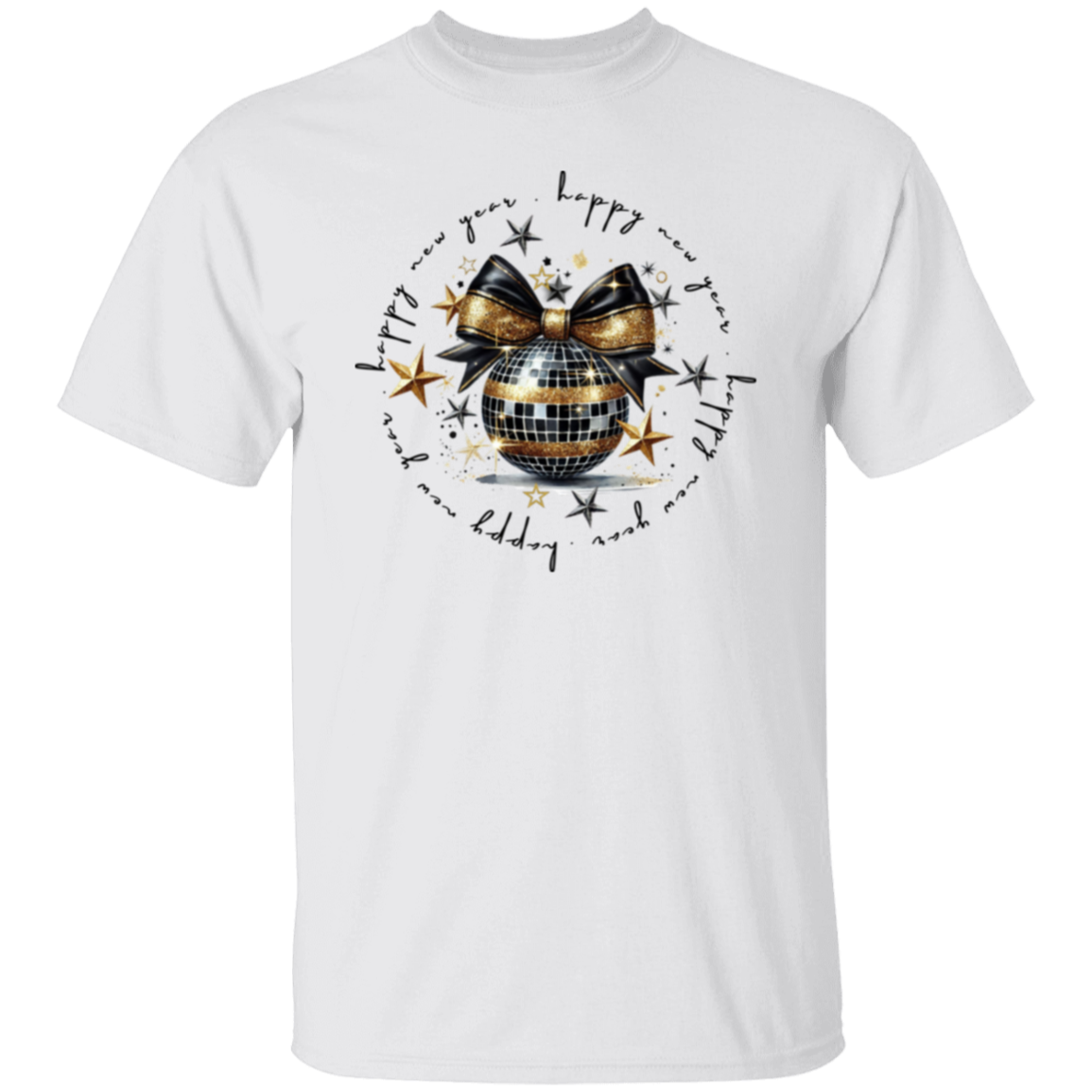 Camiseta con bola de purpurina y mensaje de feliz año nuevo