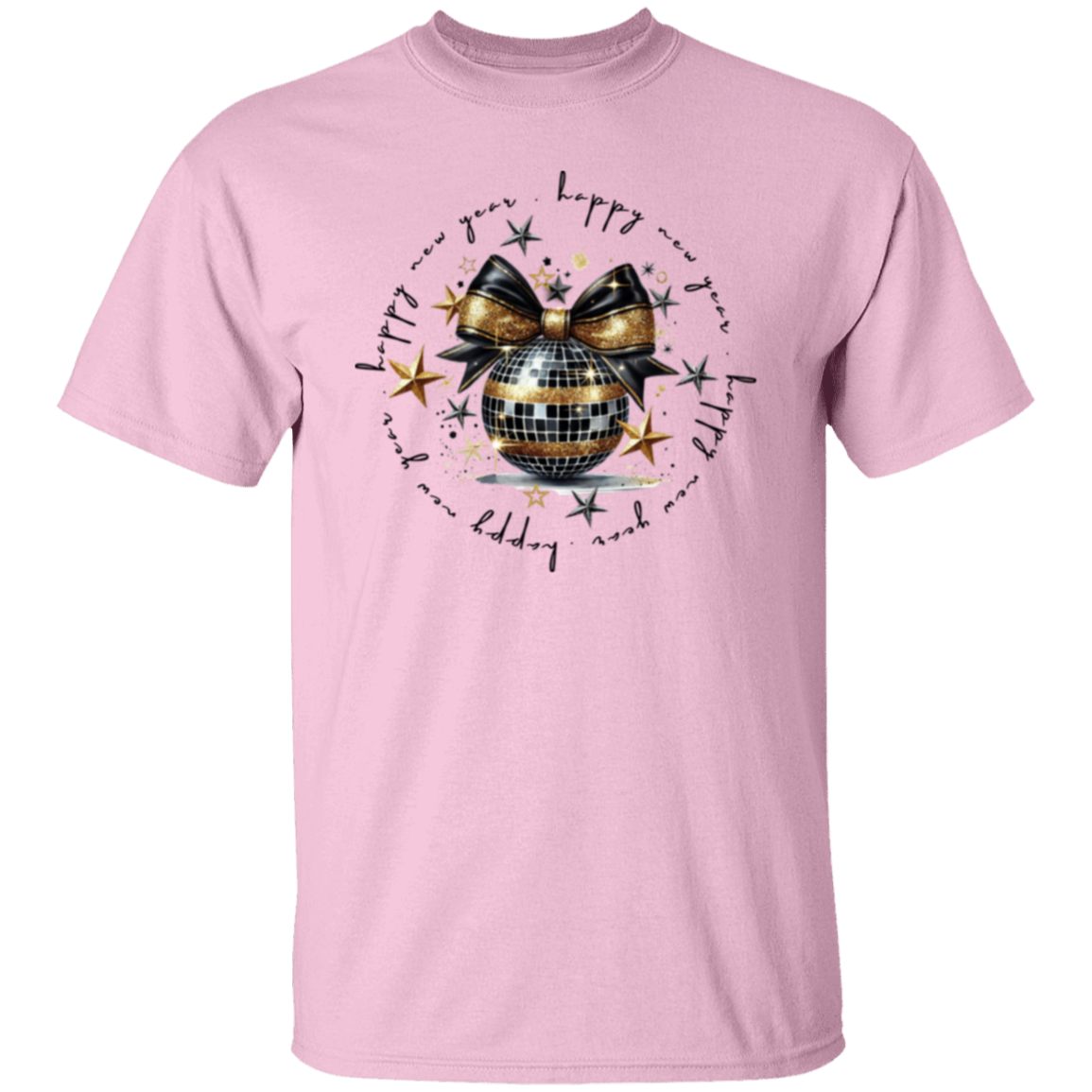 Camiseta con bola de purpurina y mensaje de feliz año nuevo