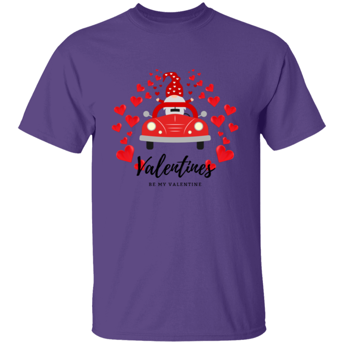 Camiseta con el gnomo Sé mi Valentín conduciendo un coche con corazones