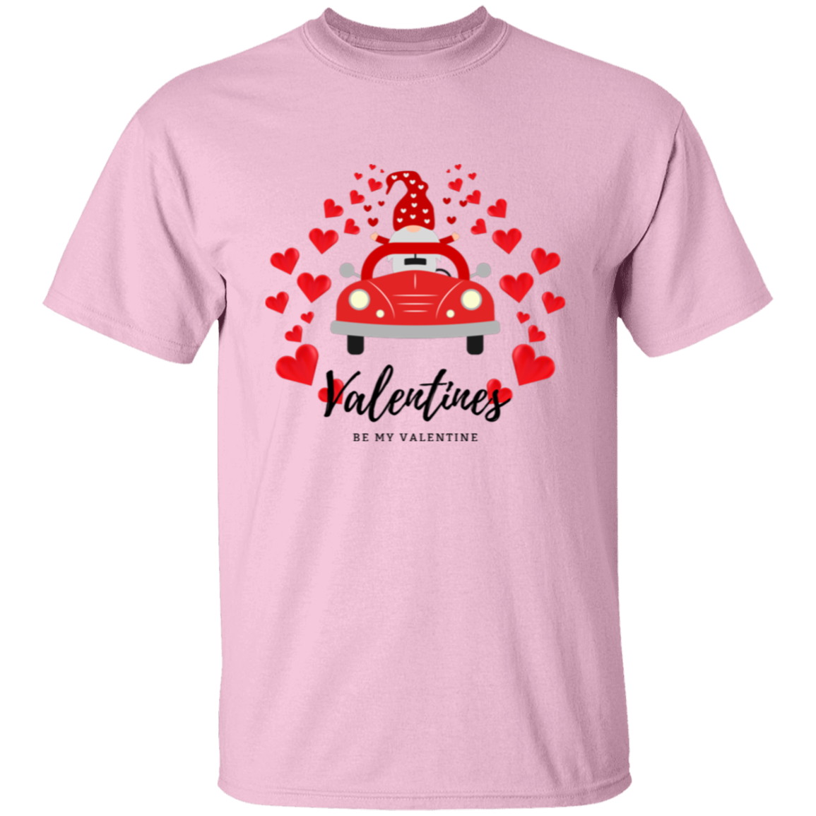 Camiseta con el gnomo Sé mi Valentín conduciendo un coche con corazones