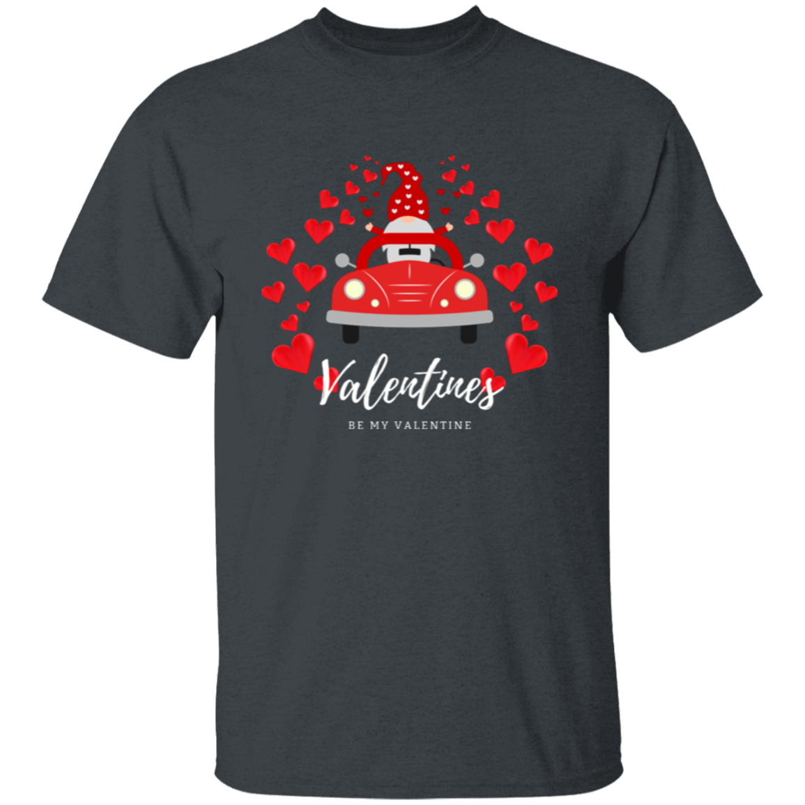 Camiseta con el gnomo Sé mi Valentín conduciendo un coche con corazones