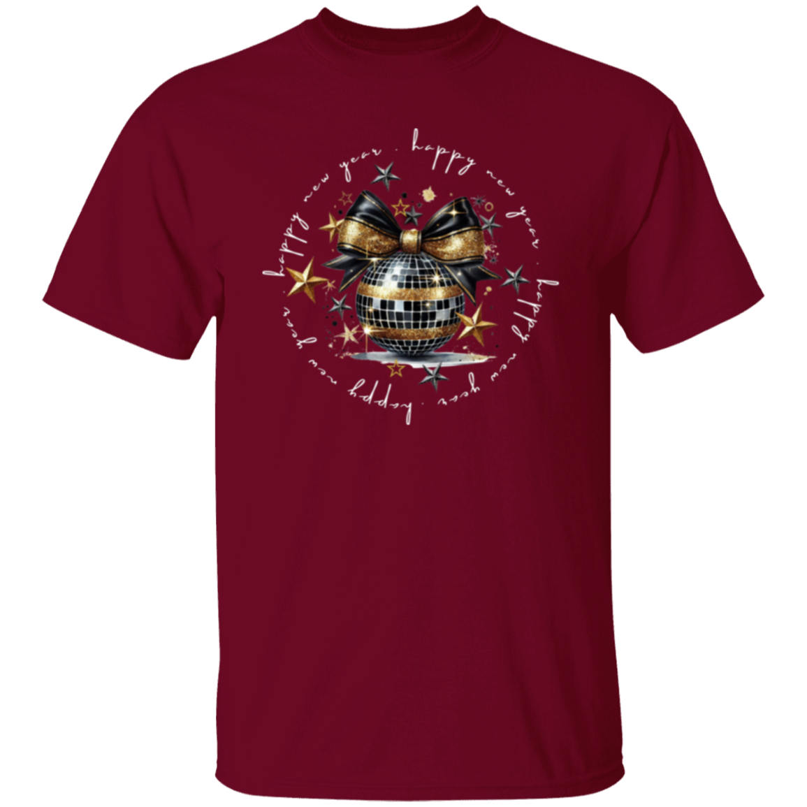 Camiseta con bola de purpurina y mensaje de feliz año nuevo