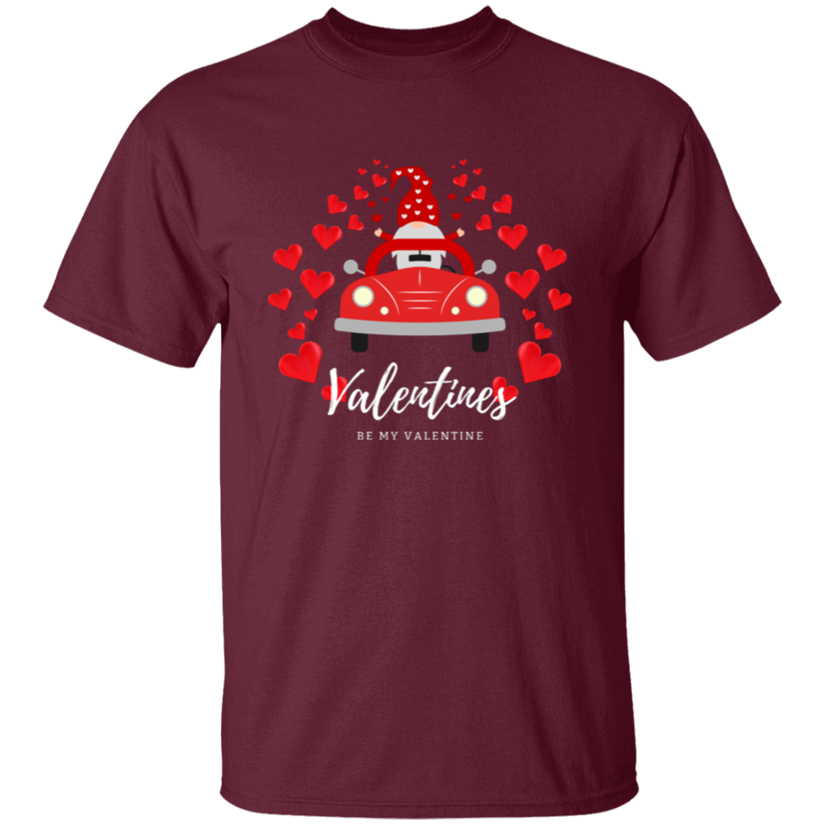 Camiseta con el gnomo Sé mi Valentín conduciendo un coche con corazones