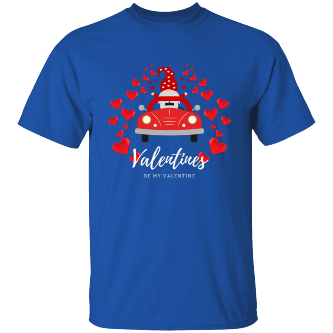 Camiseta con el gnomo Sé mi Valentín conduciendo un coche con corazones