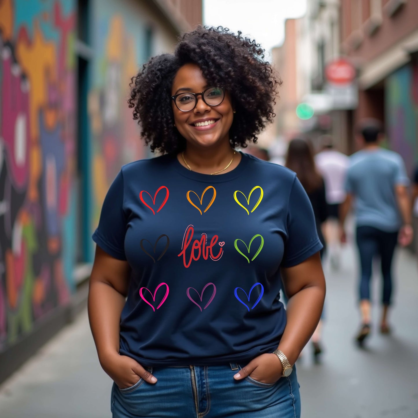 Camiseta con corazones de arcoíris