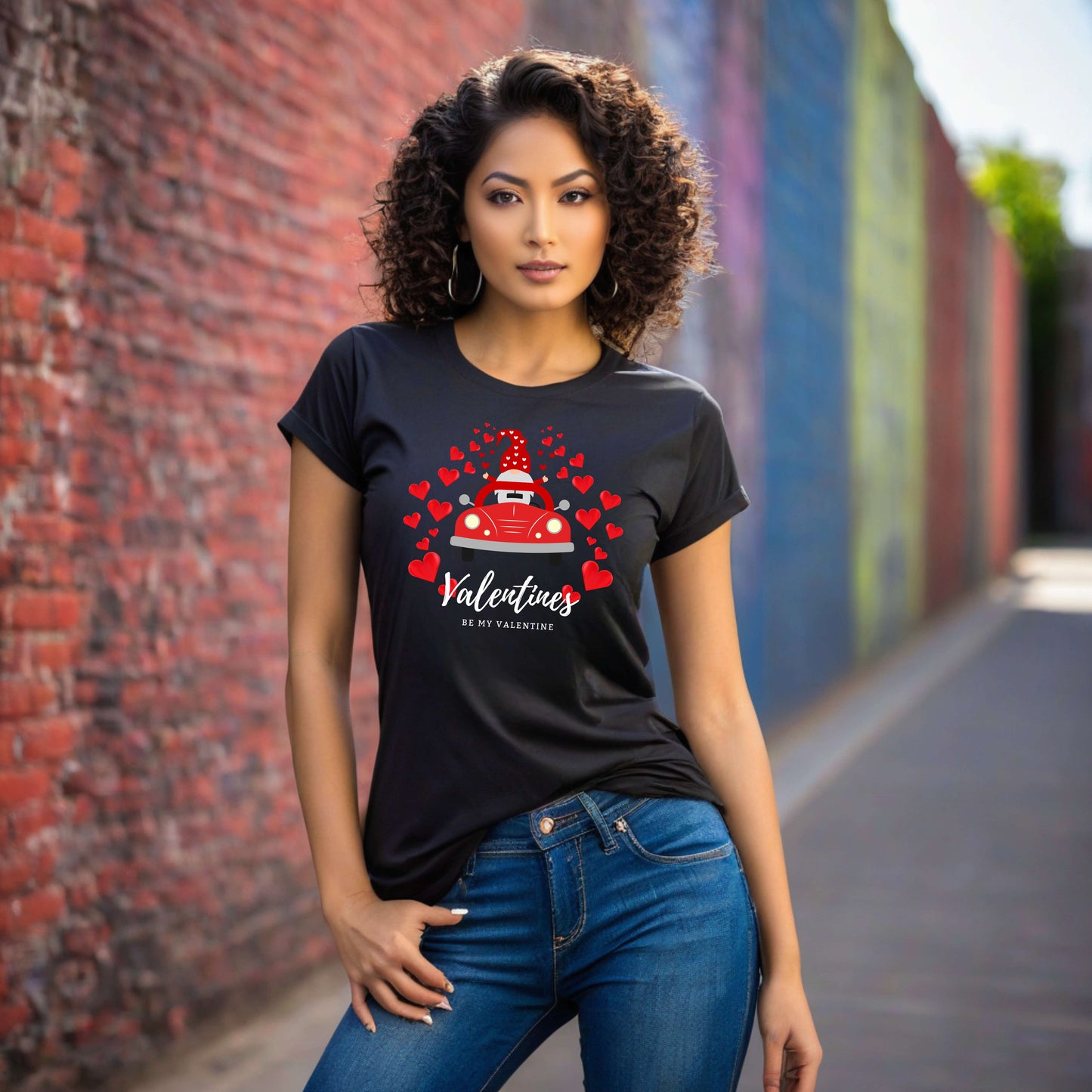 Camiseta con el gnomo Sé mi Valentín conduciendo un coche con corazones