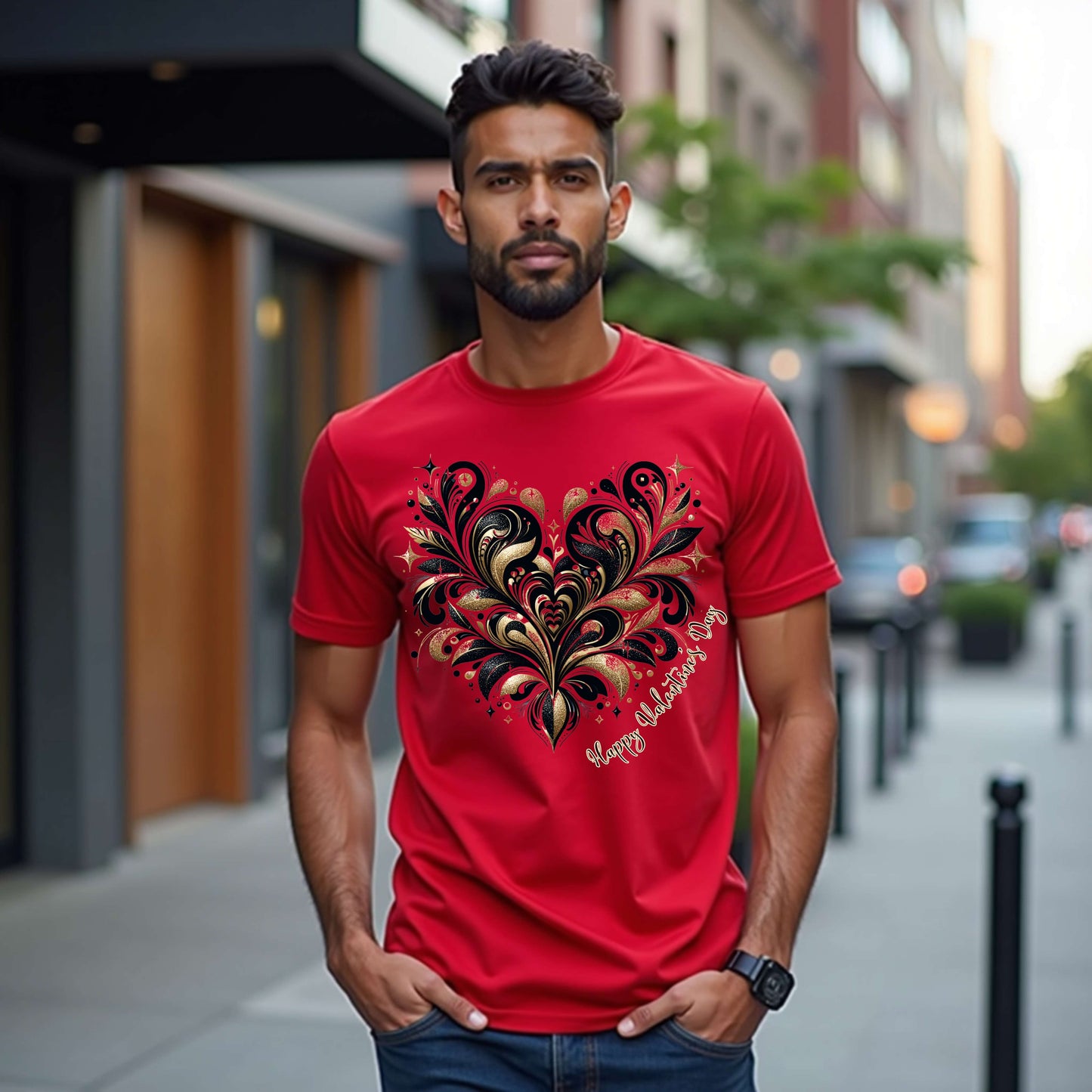Camiseta con corazón de San Valentín en dorado y negro brillante